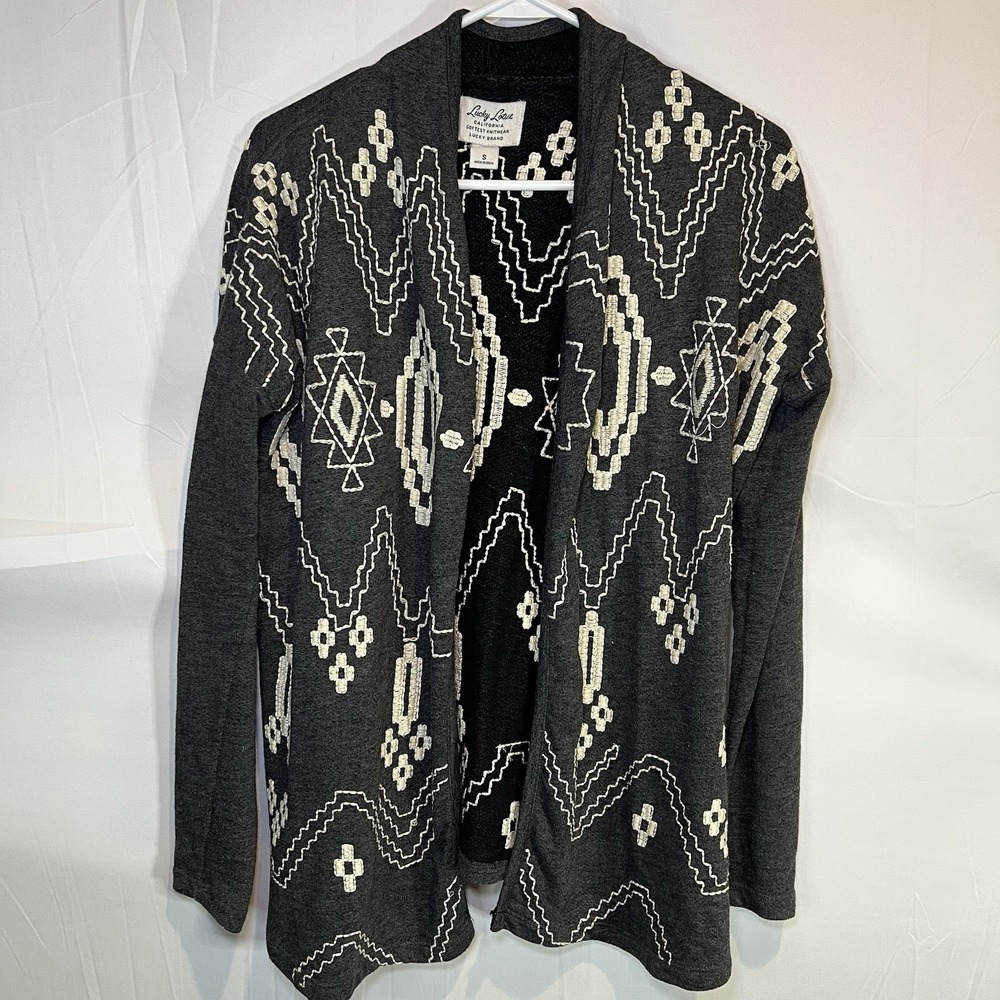 Lucky Brand Lucky Lotus Gray Boho Aztec Embroidered Knit Cardigan Size Small